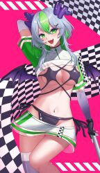 1girls belly belly_button bikini black_bikini black_gloves breasts checkered_clothes checkered_flag demon_girl demon_horns demon_wings eyeshadow female fit fit_female flag froot gloves green_eyes green_hair grey_hair hair_ornament highleg highleg_bikini highres holding holding_flag horn_piercing horns indie_virtual_youtuber looking_at_viewer makeup medium_hair miniskirt multicolored_hair multiple_horns navel pale-skinned_female pale_skin purple_eyeshadow purple_horns purple_wings race_queen see-through_clothes shrug_(clothing) sideboob single_thighhigh skirt smile solo stomach streaked_hair swimsuit thigh_squish thighhighs thighs tummy underboob virtual_youtuber vtuber white_shrug wings x_hair_ornament contrapposto big_breasts large_breasts open_mouth teeth tongue blush arm_behind_head hand_behind_head