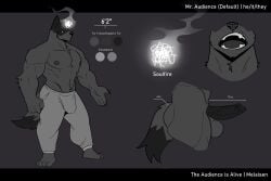 2023 5_fingers absurd_res anthro arm_tuft balls barefoot black_border black_glans black_penis black_tail_tip border bottomwear canid canine canis clothed clothing color_swatch digital_drawing_(artwork) digital_media_(artwork) dipstick_tail domestic_dog dot_eyes elbow_tuft english_description english_text feet fingers full-length_portrait fur genitals glans grey_background grey_balls grey_body grey_fur greyscale hi_res humanoid_genitalia humanoid_hands humanoid_penis letterbox male male_anthro mammal markings melaisen model_sheet monochrome mouth_closed mr._audience_(melaisen) multiple_images open_mouth pants pecs penis portrait pronouns simple_background simple_eyes solid_circle_eyes solo tail tail_markings teeth text topless topless_anthro topless_male tuft two_tone_tail white_glow white_text