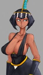 smoxul smozuru 2019 skullgirls eliza_(skullgirls) 1girls solo dark-skinned_female blue_eyes long_eyelashes smile open_mouth looking_to_the_side black_hair medium_hair headdress dress black_dress egyptian_female egyptian large_breasts cleavage thick_thighs clothed fully_clothed