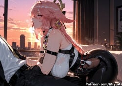 bulge saliva saliva_trail saliva_string saliva_drip open_mouth yae_miko genshin_impact zenless_zone_zero evelyn_chevalier_(cosplay) cosplay pink_hair apartment miyuai ai_generated ai_assisted thick_thighs thick_ass thick thick_legs thick_hips thick_butt wide_hips wide_thighs voluptuous voluptuous_female curvy curvy_figure curvaceous curvy_female female 1girl breasts animal_ears sunset pants 1boy black_pants large_breasts fox_ears bare_shoulders jewelry sky rating:questionable belt erection earrings messy_hair huge_breasts bangs sleeveless girl_on_top