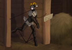 absurd_res anthro auburn_(auburnthegoat) bdsm bondage_gear bondage_gloves boots bridle chastity_cage chastity_device clothing crazydonkey footwear gag halter handwear harness_gag hi_res hoof_boots hoof_gloves male nipple_clamp petplay ponyplay roleplay shoes solo story story_in_description