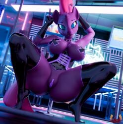3d_(artwork) anthro big_breasts biped breasts broken_horn butt clothed clothing crouching dancing digital_media_(artwork) equid equine female friendship_is_magic front_view genitals hasbro hi_res horn legwear looking_at_viewer loveslove mammal my_little_pony my_little_pony:_the_movie_(2017) mythological_creature mythological_equine mythology pasties pole pole_dancing pupils purple_body spread_legs spreading tempest_shadow_(mlp) thick_thighs thigh_highs unicorn vulva