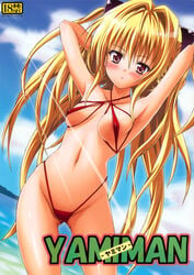 adjusting_hair armpits arms_behind_head arms_up beach bikini blonde_hair blush bocas_top criss-cross_halter erect_nipples halter_top halterneck highres konjiki_no_yami long_hair micro_bikini mizugi navel ocean panties red_eyes string_bikini sunbeam sunlight swimsuit taro_kasukabe tied_hair to_love-ru twintails underwear