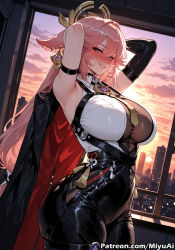 yae_miko genshin_impact zenless_zone_zero evelyn_chevalier_(cosplay) cosplay pink_hair apartment miyuai ai_generated ai_assisted thick_thighs thick_ass thick thick_legs thick_hips thick_butt wide_hips wide_thighs voluptuous voluptuous_female curvy curvy_figure curvaceous curvy_female female 1girl breasts rating:safe long_hair smile gloves elbow_gloves animal_ears window solo sunset blush bangs large_breasts cape arms_behind_head armpits looking_at_viewer sleeveless sideboob cityscape
