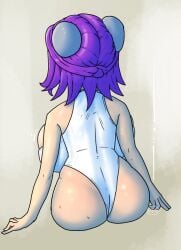gorillakingh ginny_(gorillakingh) shortstack huge_breasts huge_ass huge_butt tiny_waist tiny_female purple_hair purple_eyes pale_skin pale-skinned_female oppai text flat_belly disembodied_hand size_difference size_play size_comparison larger_male smaller_female big_dom_small_sub facing_away swimsuit one_piece_swimsuit massive_breasts massive_ass massive_butt