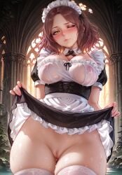 ai_generated dreamheat 1girls solo female elden_ring fromsoftware brown_hair maid maid_headdress maid_uniform skirt skirt_lift no_panties wet wet_body wet_clothes see-through see-through_clothing nipples_visible_through_clothing breasts big_breasts pussy areolae thighhighs white_thighhighs one_eye_closed scar scar_on_face scar_across_eye cleavage standing looking_at_viewer yellow_eyes blush
