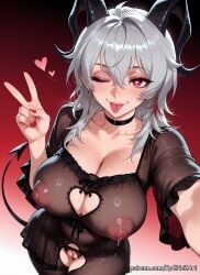 1girl 2026 ai_generated animal_tail anime bangs black_choker boobs breasts choker cleavage clothing_cutout collarbone covered_nipples crossover crotchless demon_girl demon_horns demon_tail dress earrings explicit exposed_nipples eye_contact female female_focus gradient gradient_background grey_hair hair_between_eyes heart heart-shaped_pupils heart_cutout highres horns huge_breasts jewelry lactation large_breasts long_hair looking_at_viewer nail_polish nipples nsfw one_eye_closed patreon pussy red_background red_eyes red_nails rognezart saliva see-through selfie smile smiling solo spread_pussy sweat sweaty symbol-shaped_pupils tail tongue tongue_out v very_long_hair wuthering_waves zani_(wuthering_waves)