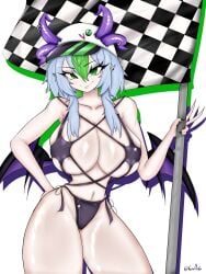 froot virtual_youtuber indie_virtual_youtuber vtuber 1girls solo female cowboy_shot kuroiyokoshima artist_name thick_thighs thighs slim_waist narrow_waist waist bikini bikini_top bikini_bottom swimsuit highleg_bikini highleg midriff navel belly_button belly tummy stomach hourglass_figure breasts big_breasts large_breasts huge_breasts pale_skin pale-skinned_female cleavage underboob sideboob revealing_clothes hand_on_hip flag checkered_flag holding_object holding_flag contrapposto long_nails nail_polish painted_nails black_nails wings demon_girl demon_horns demon_wings race_queen short_hair grey_hair green_hair green_eyes multicolored_hair smile looking_at_viewer flesh_fang eyeshadow eyelashes long_eyelashes purple_eyeshadow ear_piercing pointy_ears naughty_face cap headwear horns horns_through_headwear horn_piercing bare_shoulders