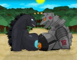 2girls blue_eyes boobs boobs_pressed dorsal_fin godzilla godzilla_(series) mechagodzilla monster monster_girl nipples qsmanipu sharp_teeth