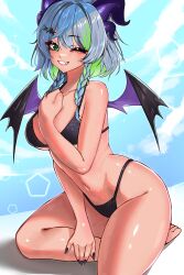 1girls artist_name bare_shoulders barefoot bat_hair_ornament belly_button big_breasts bikini black_nails braided_hair breasts cleavage contrapposto eyelashes feet female froot green_eyes green_hair grey_hair hand_between_legs hand_on_chest hips horns indie_virtual_youtuber kneeling large_breasts looking_at_viewer multicolored_hair nail_polish narrow_waist navel on_knees one_eye_closed painted_nails short_hair slim_waist smile solo stomach tan_skin tanned tanned_female tanned_skin teeth thick thick_hips thick_thighs thighs tummy underboob virtual_youtuber vtuber waist wide_hips wings wink yoshinoart_(artist)