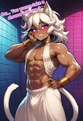 1boy 1femboy abs ai_generated bulge cairo_(farggothdur) cat_ears cat_tail catboy clothed clothing cocky69 dark-skinned_femboy dark-skinned_male dark-skinned_sissy dark-skinned_twink dark_skin egyptian english_text femboy femboy_only fit fit_male long_hair looking_at_viewer male_focus male_only purple_eyes solo solo_male standing tail text white_hair
