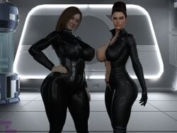 2girls 3d 3d_(artwork) big_ass big_breasts curvy excella_gionne gardenoffantasi mia_winters milf red_eyes resident_evil resident_evil_5 resident_evil_8:_village sfw voluptuous watermark