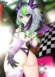 froot 1girls solo female vtuber virtual_youtuber indie_virtual_youtuber ass big_ass large_ass ass_focus ass_grab grabbing_own_ass thigh_squish thick_thighs thighs thighhighs single_thighhigh fingerless_gloves gloves elbow_gloves bikini bikini_top bikini_bottom breasts medium_breasts from_behind behind_view wide_hips hips waist slim_waist narrow_waist pale_skin pale-skinned_female race_queen shrug_(clothing) see-through see-through_clothing checkered_clothes underboob sideboob wings bare_back back back_view wolfcut wolf_cut medium_hair pointy_ears ear_piercing green_eyes green_hair multicolored_hair smile lips looking_at_viewer looking_back eyeshadow purple_eyeshadow eyelashes horns horn_piercing demon_girl demon_wings demon_horns arched_back hips_wider_than_shoulders flag checkered_flag holding_object holding_flag blurry_background artist_logo absurd_res absurdres highres high_resolution artist_name
