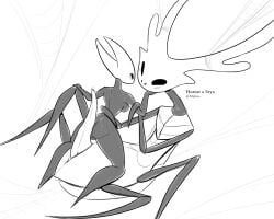 2026 2_horns 5:4 animal_genitalia animal_penis anthro arthropod biped black_body black_eyes black_text bodily_fluids breasts butt duo empty_eyes english_text female genital_fluids genitals hi_res hollow_knight:_silksong hollow_knight_(franchise) horn hornet_(hollow_knight) latiar looking_at_another male male/female monochrome multi_limb nude penis precum styx_(hollow_knight:_silksong) team_cherry text