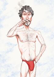 speedo red_speedo speedo_only penis penis_outline penis_visible_through_clothing 1boy male male_only male_focus solo solo_focus digital_media_(artwork) digital_drawing_(artwork) mr_shrink old_man old_male old_man_adams hand_on_hip smoking smoking_cigar beach beach_day unamused pale_skin cigar_in_mouth hairy hairy_male original original_character hairy_armpits hairy_belly hairy_chest chest_hair pubic_hair flaccid flaccid_penis saggy_belly grey_hair greying_hair greying_temples hazel_eyes facial_hair