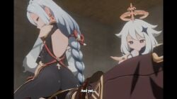 1boy 1boy1girl 1girls aether_(genshin_impact) ass b-banto black_cape blue_scarf brown_legwear brown_pants cunnilingus dominant dominant_female domination face_in_ass facesitting facesitting_female female femdom floating genshin_impact hair hair_ornament halo highres long_hair paimon_(genshin_impact) reverse_rape reverse_ryona self_upload shenhe_(genshin_impact) sitting sitting_on_face sitting_on_person smothered smothering smothering_ass submissive submissive_male suffocation white_hair silver_eyes looking_back looking_at_viewer looking_at_another looking_down vision_(genshin_impact) subtitled latex latex_clothing latex_suit hand_on_face
