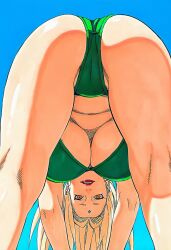 1girls accurate_art_style ai_generated ass ass_focus bare_shoulders bent_over between_legs bikini bikini_bottom blonde_female blonde_hair blue_sky breasts brown_eyes busty cameltoe clothing cloud collarbone cowboy_shot crotch day facial_mark female_focus female_only forehead_jewel forehead_mark foreshortening from_behind from_below full_color green_bikini groin high_resolution highres huge_breasts kneepits large_breasts legs_apart light-skinned_female light_skin line_art lipstick long_hair looking_at_viewer looking_back looking_back_at_viewer looking_through_legs low-angle_view manga_style masashi_kishimoto_style mature_female naruto naruto_(series) naruto_shippuden official_style open_mouth orange_eyes outdoors parted_lips red_lipstick shiny_hair shiny_skin short_eyebrows sky smile soft_shading solo solo_focus spread_legs standing swimsuit teeth teeth_showing tsunade twintails underboob upper_teeth upper_teeth_only upside-down voluptuous voluptuous_female waifu