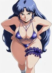 b-ko_daitokuji project_a-ko anime indigo_hair indigo_eyes stripper stripper_clothes revealing_clothes revealing_outfit posing_for_the_viewer posing ai_generated ai_art big_breasts breasts tits boobs