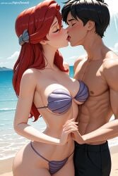 1boy 1girl ai_generated ariel_(the_little_mermaid) beach bikini bikini_top black_hair blue_sky blush breasts cleavage closed_eyes cloud collarbone couple day disney disney_princess french_kiss hair_ornament hetero hi_res high_quality high_resolution holding_hands horizon interlocked_fingers kiss long_hair medium_breasts ocean outdoors patreon red_hair sand seductive sexy sky spicytoonai standing strapless strapless_bikini striped striped_bikini swimsuit the_little_mermaid_(1989_film) uncensored water watermark