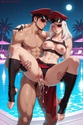 1boy 1girl ai_generated barefoot black_gloves black_hair black_legwear blue_eyes blush breasts breasts_outside capcom cum cum_in_pussy elbow_gloves fingerless_gloves girl_on_top gloves hat hetero hi_res high_quality high_resolution juri_han kiraamane long_hair manly moon navel night night_sky nipples overflow palm_tree patreon peaked_cap penis pussy reverse_cowgirl_position seductive sex sexy silver_hair sky testicles toeless_legwear toes tree uncensored vaginal watermark