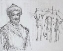 anthro beard clothed clothed_human clothed_male clothing coat corpse death eyebrows facial_hair gore group hat headgear headwear human impaled_chest impalement looking_at_viewer male mammal monochrome mustache nude reynard_goodfellow spikes topwear violence vlad_the_impaler wearing_hat