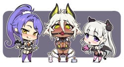 3girls :d :q ball_gag bikini black_garter_straps black_sailor_collar blush breasts camera chibi dark-skinned_female dark_skin demon_girl demon_tail demon_wings dildo gag garter_straps high_ponytail highres holding holding_camera large_breasts licking_lips multiple_girls naruse_maria necktie nonaka_kurumi ookuma_nekosuke orange_necktie pointy_ears ponytail purple_eyes purple_hair purple_thighhighs restrained sailor_collar sex_toy shinmai_maou_no_testament simple_background sitting strap-on striped_clothes striped_thighhighs swimsuit tail thighhighs tongue tongue_out white_garter_straps white_hair white_thighhighs wings yellow_bikini yellow_eyes zest_(shinmai_maou_no_testament)