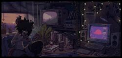 absurd_res american_opossum anthro city cityscape clothed clothing collar computer_keyboard computer_monitor detailed_background digital_media_(artwork) drugs elseirius english_text femboy fishnet_clothing fishnet_legwear fur hair hi_res inside legwear male male/male mammal marijuana marsupial monster_energy plant_pot seirsinclair smile smoking smoking_marijuana solo spiked_collar spikes string_lights substance_intoxication sunset tail text white_body white_fur