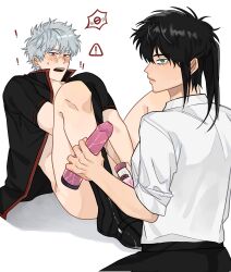 male female 1girls 1boy gintoki_sakata hijikata_toshiro gintama rule_63 genderswap_(mtf) looking_back looking_at_viewer black_hair ponytail dildo sex_toy walked_in_on caught blush embarrassed femdom malesub emotionless expressionless lube lube_bottle bottomless amagakii38079 no_visible_genitalia