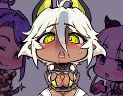1boy 3girls :d :q bikini black_garter_straps black_sailor_collar blush breasts camera chibi dark-skinned_female dark_skin demon_girl demon_tail demon_wings dildo drooling garter_straps high_ponytail holding holding_camera large_breasts licking_lips multiple_girls naruse_maria necktie nonaka_kurumi ookuma_nekosuke orange_necktie penis_awe penis_shadow pointy_ears ponytail purple_eyes purple_hair purple_thighhighs restrained sailor_collar sex_toy shinmai_maou_no_testament simple_background sitting strap-on striped_clothes striped_thighhighs swimsuit tail thighhighs tongue tongue_out white_garter_straps white_hair white_thighhighs wings yellow_bikini yellow_eyes zest_(shinmai_maou_no_testament)