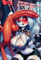 cocky69 ai_generated helluva_boss moxxie_(helluva_boss) loona_(helluva_boss) male/female imp demon demon_girl wolf_girl penis big_penis long_penis cock big_cock long_cock breasts big_breasts boobs big_boobs surprised surprised_expression balls big_balls precum suit crop_top shorts blush