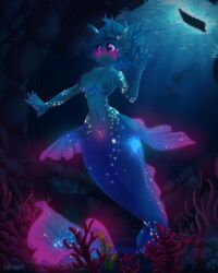 absurd_res after_transformation anthro bioluminescence blush breasts fan_character female genitals glowing happy hi_res lionbun marine membrane_(anatomy) merfolk mermaid_tail nipples pussy solo split_form underwater water webbed_hands wide_hips