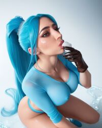 1girls ai_generated blue_hair blue_shirt egirl female glove highres long_hair nipples_visible_through_clothing onlyfakes.ai pooplool simple_background solo tagme