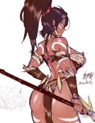 2d_(artwork) big_breasts big_butt body_markings brown_hair clothed clothed_female forehead_jewel gem_on_forhead green_eyes green_eyes_female league_of_legends nidalee ponytail riot_games shinda292 strapless strapless_top strapless_topwear tanned_female tanned_skin teemo tubetop work_in_progress