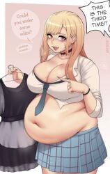 1girls bbw belly_overhang big_belly big_breasts big_female chubby chubby_female cleavage fat fat_female fat_girl fat_rolls fat_woman fatty female female_only kipteitei kitagawa_marin larger_female obese obese_female overweight overweight_female pig pork_chop solo sono_bisque_doll_wa_koi_wo_suru speech_bubble sweatdrop thick_thighs tubby weight_gain