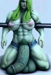 1futa 3d abs balls big_balls big_breasts bikini_top breasts flaccid futa_only futanari giant_breasts giant_penis green_hair green_skin hdregrets hi_res hotpants huge_balls huge_breasts huge_cock hulk_(series) jean_shorts large_balls large_penis marvel marvel_comics micro_bikini_top muscles muscular muscular_futanari nipple_slip pants_open penis penis_out pubic_hair she-hulk short_shorts solo zipper_down