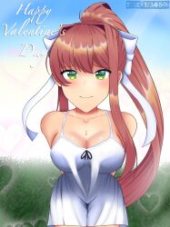 1female 1girls artist_name big_breasts bow breasts cleavage doki_doki_literature_club dress female female_focus grass green_eyes hair_intakes heart heart holidays human human_focus human_only long_hair monika_(doki_doki_literature_club) musical_note musical_note_necklace necklace solo_focus tyler1234506 valentine's_day white_dress