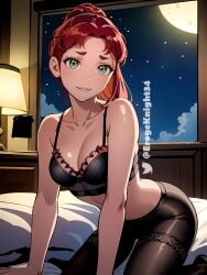 ai_generated all_fours bedroom black_lingerie black_pantyhose cartoon_network collarbone dc erogeknight female green_eyes lace_bra moon night pantyhose ponytail red_hair solo solo_female solo_focus stable_diffusion starfire starry_sky teen_titans window