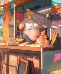 2girls apron belly_press big_breasts blonde_hair bread brown_eyes brown_hair chef_hat chef_uniform cleavage clothed clothing duo english_text fat female female_only food freckles freckles_on_breasts gloves huge_belly huge_breasts huge_thighs jeans looking_at_another mario_(series) multiple_girls nervous outdoors overweight overweight_female pants princess_daisy princess_rosalina sign standing tashoelle text tree wide_hips