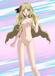 1girls ass_visible_through_thighs blonde_hair blue_eyes blush caitlin_(fall_2021)_(pokemon_masters) caitlin_(pokemon) collarbone completely_nude embarrassed embarrassed_nude_female enf flower_in_hair hairbow long_hair looking_at_viewer mosaic_censoring motion_lines nail_polish navel nipples nude pink_background pokemon pokemon_bw pokemon_masters pussy scared small_breasts small_pupils sweat tsukishiro_saika