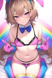 ai_generated blue_bow daniela daniela_(ai) femboy light_brown_hair pink_bra pink_eyes pink_lips pink_panties rainbow rainbow_gloves rainbow_legwear trap