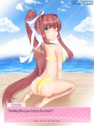 1female 1girls 5_toes artist_name ass back back_view beach behind_view bikini bikini_bottom bikini_top blue_sky butt cloud clouds ddlc_text_box doki_doki_literature_club english_text feet female female_focus green_eyes hair_intakes human human_focus human_only long_hair monika_(doki_doki_literature_club) sand sky text text_bubble tyler1234506 water yellow_bikini yellow_bikini_bottom yellow_bikini_top