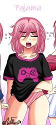 artist_name ass_visible_through_thighs both_eyes_closed closed_eyes collarbone doki_doki_literature_club english_text eyes_closed fangs female female_only gamer gamer_girl natsuki_(doki_doki_literature_club) panties pink_hair pink_panties teeth teeth_showing text thighs twitter_username two_tone_panties willianxs