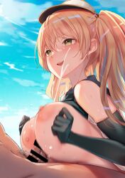 1boy akino_komichi bar_censor bare_shoulders bikini bikini_top_lift black_bikini black_gloves black_sailor_collar blonde_hair blue_sky breasts breasts_squeezed_together censored clothed_female_nude_male clothed_sex clothes_lift cloud commentary_request cum day ejaculation elbow_gloves female gloves granblue_fantasy hair_between_eyes hands_up highres large_breasts long_hair looking_at_another male_pubic_hair monika_weisswind monika_weisswind_(swimsuit)_(granblue_fantasy) motion_blur nipples nude official_alternate_costume outdoors paizuri parted_lips penis projectile_cum pubic_hair sailor_collar sky smile solo_focus straight sweat swimsuit teeth twintails unaligned_breasts upper_body upper_teeth_only visor_cap yellow_eyes