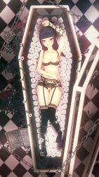 3d arm_up armpit black_bra black_garter_belt black_lingerie black_panties black_stockings breasts chains coffin cross crotchless_panties cupless_bra female female_only flowers garter_belt genshin_impact hand_on_stomach holding_cross koikatsu legs_together lingerie lingerie_only long_hair nipples purple_hair pussy red_eyes smiling stockings tagme video_game_character vines yun_jin_(genshin_impact)