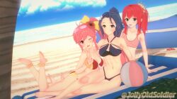 3girls abs ass barefoot beach beach_ball beach_towel bikini black_bikini blue_bikini blue_hair breasts cleavage female female_only fire_emblem fire_emblem:_new_mystery_of_the_emblem jollyoldsoldier kris_(female)_(fire_emblem) kris_(fire_emblem) long_hair multicolored_bikini navel norne_(fire_emblem) norne_(summer)_(fire_emblem) phina_(fire_emblem) pink_hair ponytail red_bikini red_hair sports_bikini toned_female yellow_bikini