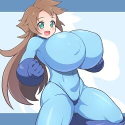 1girls bodysuit breasts brown_hair female huge_breasts light-skinned_female long_hair mega_man mega_man(classic) mega_man_(character) nipple_bulge roco_(sulfer-kokegitsune) rule_63 shirogane_hakuba solo thighs thong