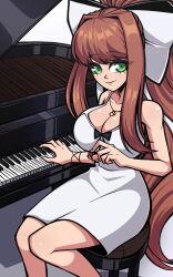 1girls 5_fingers big_breasts black_bow bow breasts cleavage doki_doki_literature_club dress female female_focus female_only girl green_eyes hair_intakes human long_hair monika_(doki_doki_literature_club) musical_instrument musical_note musical_note_necklace necklace piano playing_instrument playing_piano scrimblocrimbo solo solo_female solo_focus white_dress