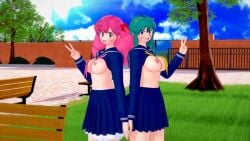 2girls breasts lum peace_sign ran_(urusei_yatsura) school_uniform schoolgirl tagme urusei_yatsura