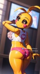 ahoge ai_generated aim_patreon antenna_hair ass blurry blurry_background blurry_foreground breasts clothes_writing colored_sclera colored_skin depth_of_field english_text female five_nights_at_freddy's five_nights_at_freddy's_2 from_behind heart large_breasts looking_at_viewer looking_back shiny shiny_skin short_hair shorts smile solo standing thighs toy_chica_(fnaf) toy_chica_(love_taste)