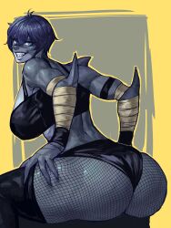 anthro ass athletic_female bandage bandages big_ass big_breasts big_thighs blue_body blue_eyes blue_hair breasts busty fat_ass female fishnet fishnet_legwear fishnets looking_at_viewer looking_back oc original original_character pale-skinned_female pale_skin presenting presenting_ass presenting_hindquarters round_ass shark_girl shark_humanoid sharp_teeth short_hair smile smiling solo solo_female thighs tomboy virgoart1509 zhaleh